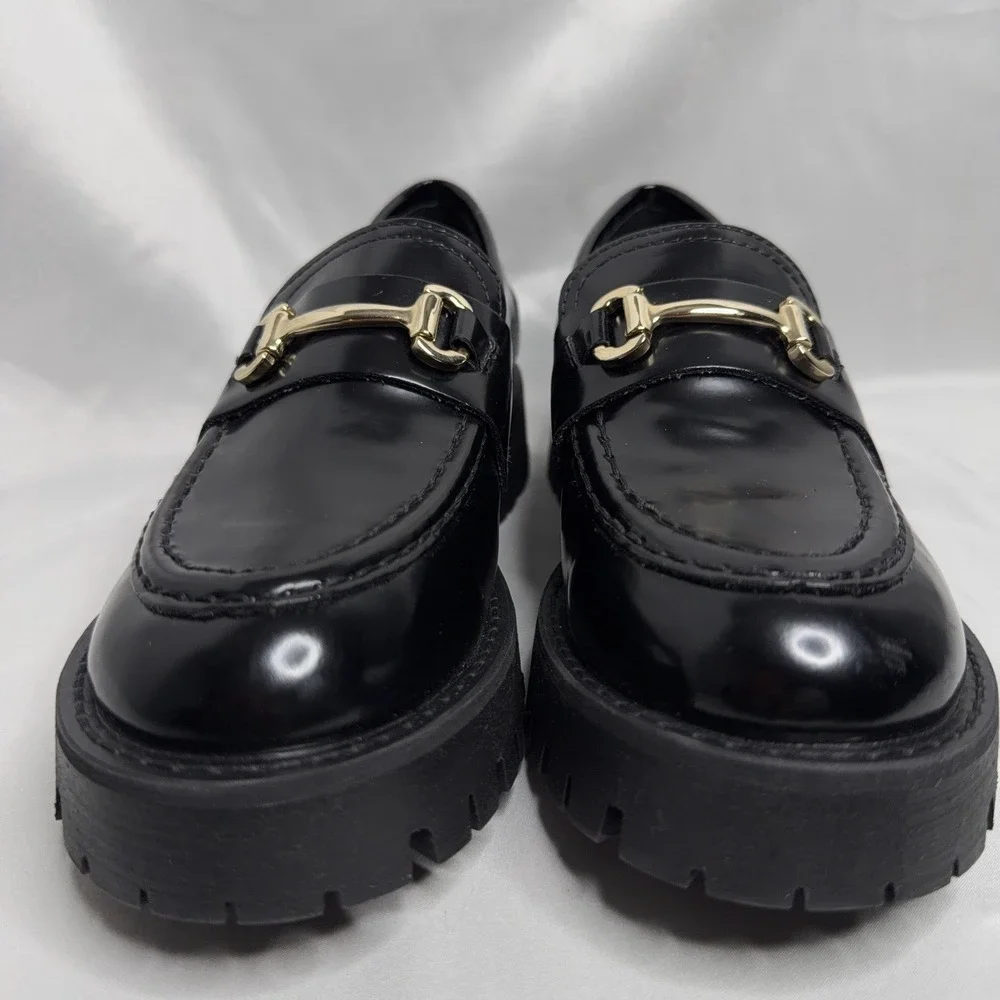 Steve Madden Lando Black Leather Chunky Loafer 8.5 Platform Lug Sole Horsebit